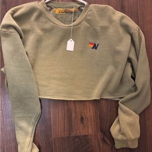 Aviator Nation Olive Cropped Crewneck Sweatshirt with Embroidered Logo